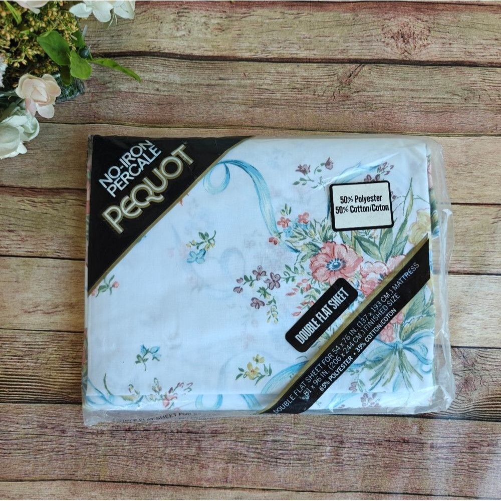 Pequot No-Iron Percale Double Flat Sheet Floral New Vintage